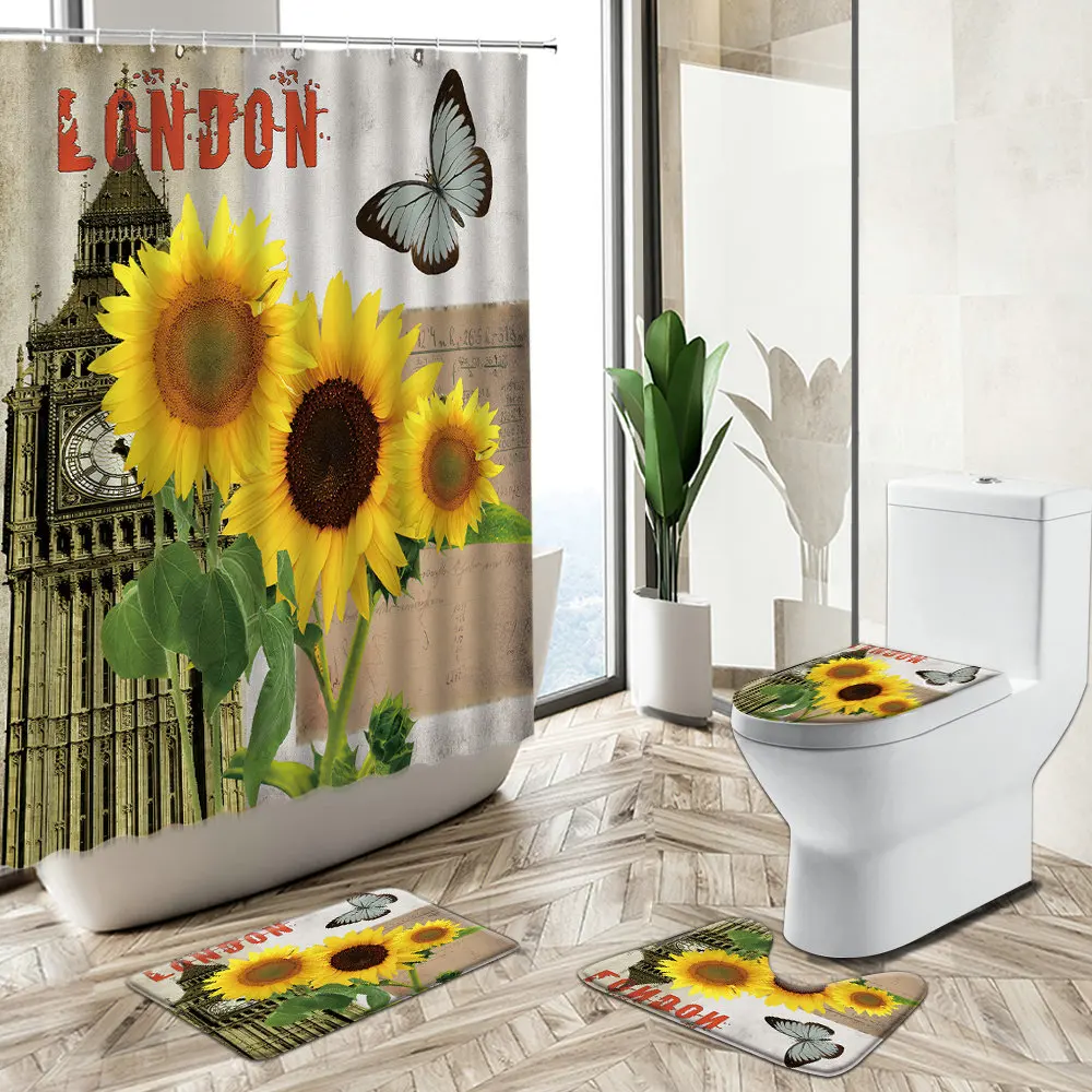 Sunflower Flower Shower Curtain Rose Butterfly European Vintage Old Wood Home Decor Bath Mat Toilet Cover Bathroom Carpet Set