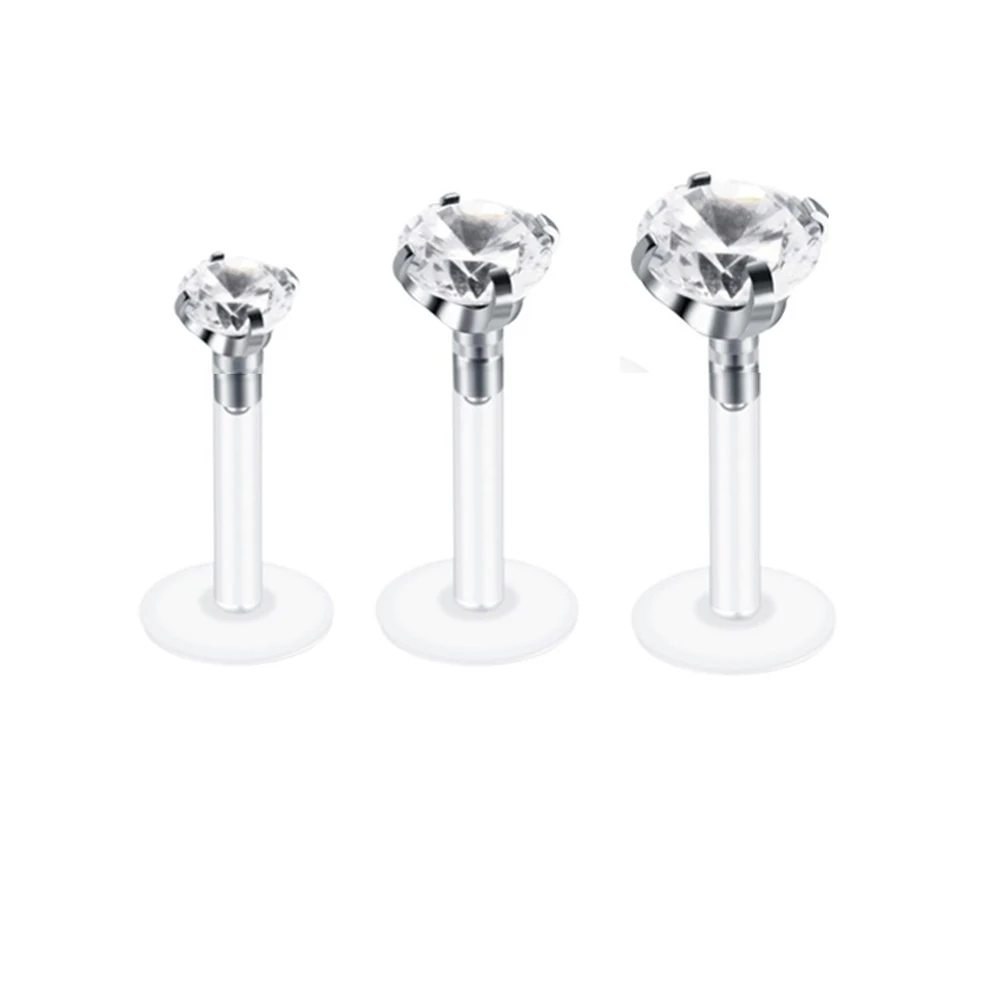 4pcs/lot 16g Clear CZ gem Bioplast Flexible Lip Labret Ring Tragus Cartilage Earring studs With Crystal stone Piercing Jewelry