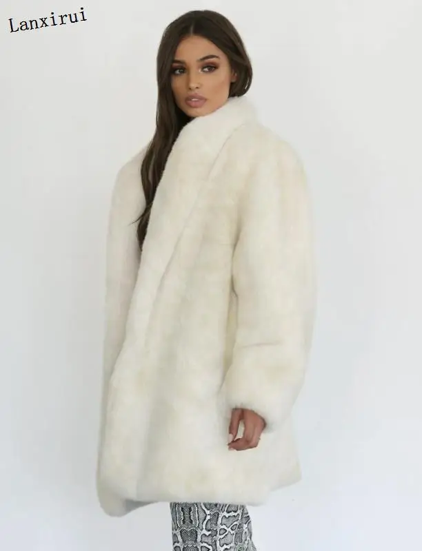 Fashion Furry Faux Fur Coat Women Fluffy Warm Long Sleeve Female Outerwear Autumn Winter Coat Jacket Hairy Collarless Overcoat