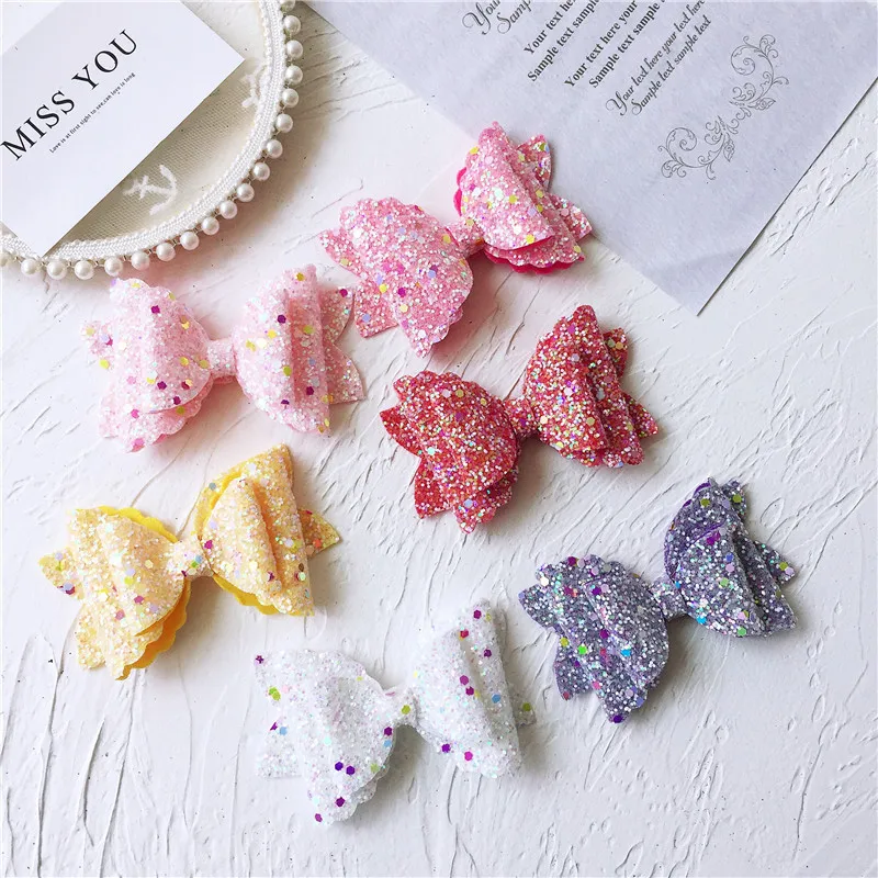 7PCS/Lot CM 9.5*5.5cm Glitter Leather BowKnot Appliques For DIY Handmade Hair Clip Accessories And Shoe Decoration