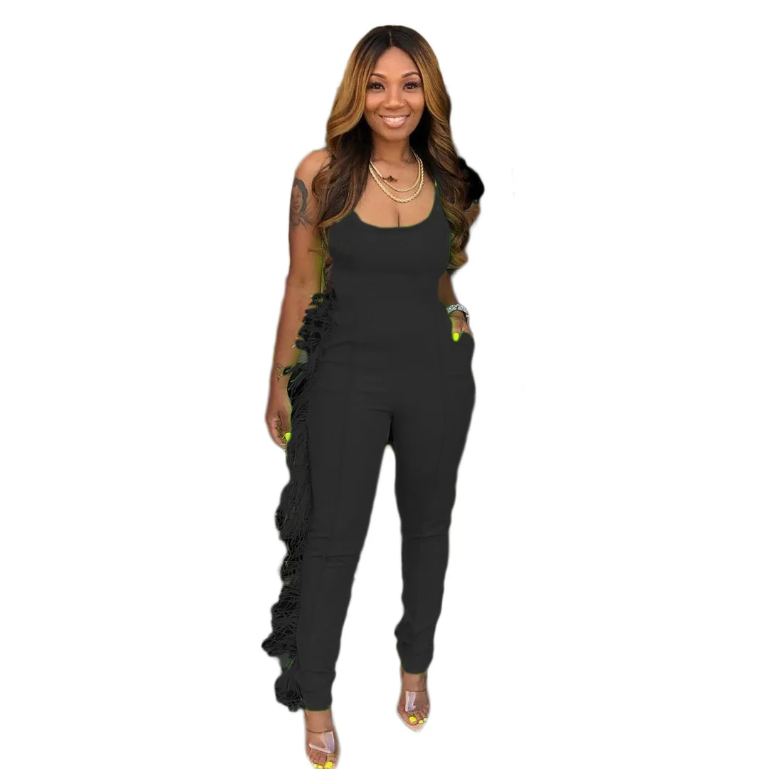 

S-XL Solid Summer Club Sexy Jumpsuit Women Sling Sleeveless Tassel Pocket Fahion Simple Romper Wholesale Dropshipping