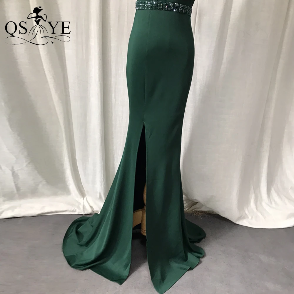 Emerald Mermaid Long Evening Dresses Slit Sexy Ruched V neck Prom Gown Long Tail Open Back Green Bead Crystals Sash Party Dress