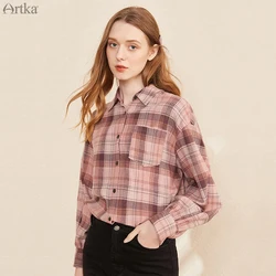 ARTKA 2020 Autumn New Women Blouse Fashion Casual Pure Cotton Long Sleeve Shirt Loose Turn-down Collar Plaid Shirt SA25001D