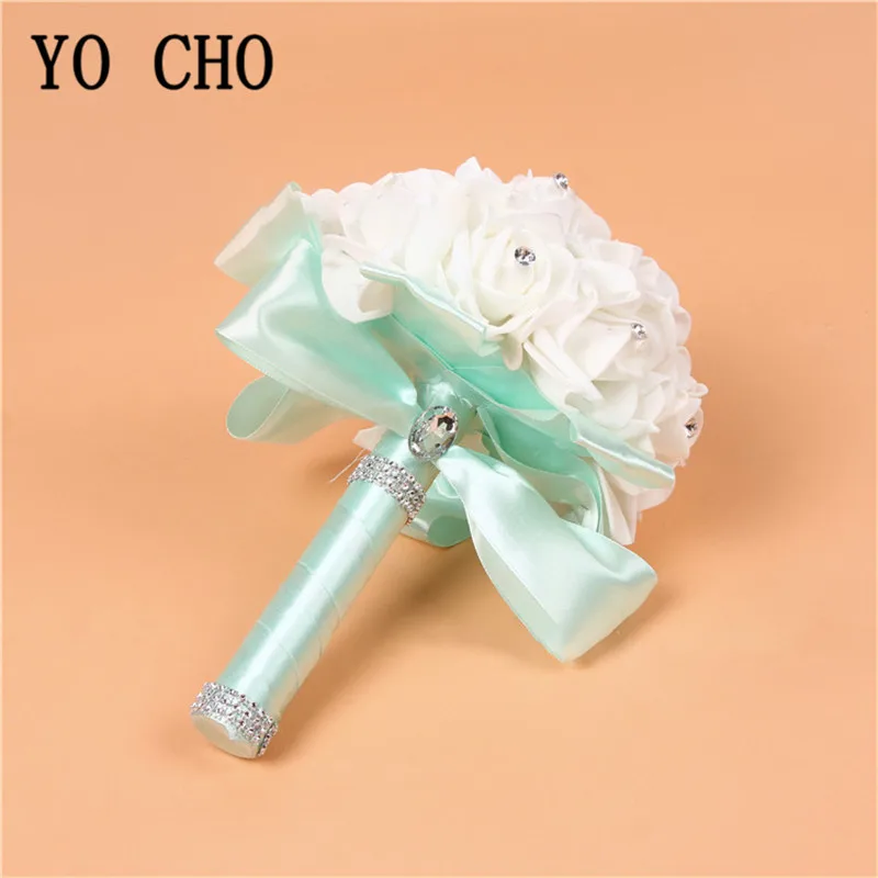 YO CHO White Pink Foam Rose Bridal Bridesmaid Bouquet Flowers Wedding Bouquet Artificial Flower Roses Bridal Bouquet Hand Flower