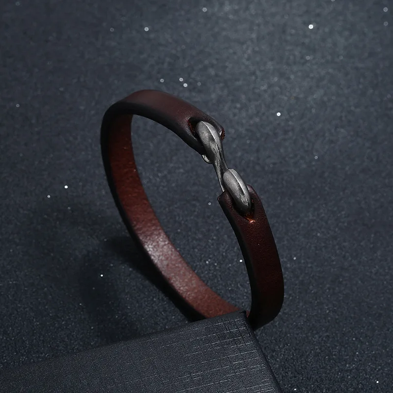 Punk Men\'s Black/Brown Narrow Side Genuine Leather Simple Hook Bracelet for Man Wristband Bangles Male Jewelry