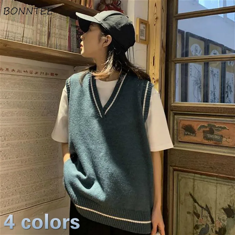 Vests Women Simple Classic BF Spring Autumn Femme Knitted Outwear Young Lovely All-match Striped Schoolgirls Sleeveless Jacket