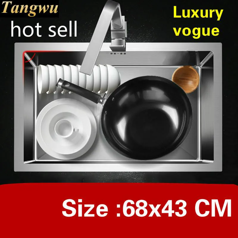 

Free shipping Apartment high quality large kitchen manual sink single trough do the dishes 304 stainless steel hot sell 68x43 CM