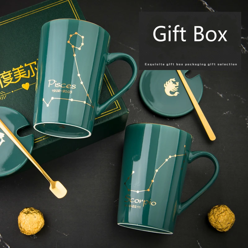 Original Constellation Ceramic Mug Dark Green Bone China Lemon Cup Household Coffee Cup Gift Box Lovers Cup Office Mug 420ml