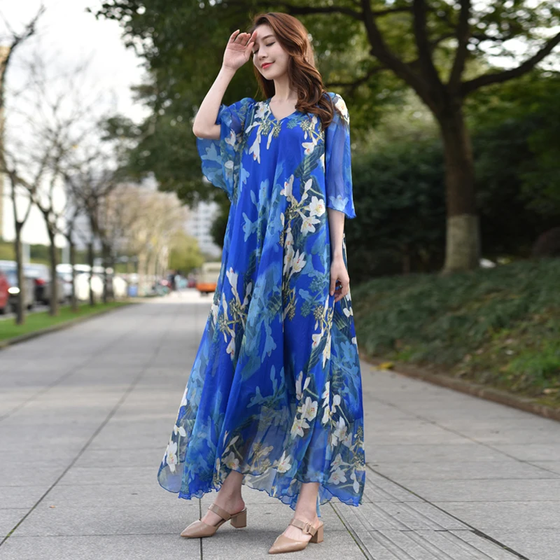 Vintage Chic Women Floral Print Beach Bohemian Maxi Dress Ladies scollo a V telai Chiffon Happie Boho Dress Vestidos Plus Size Robe