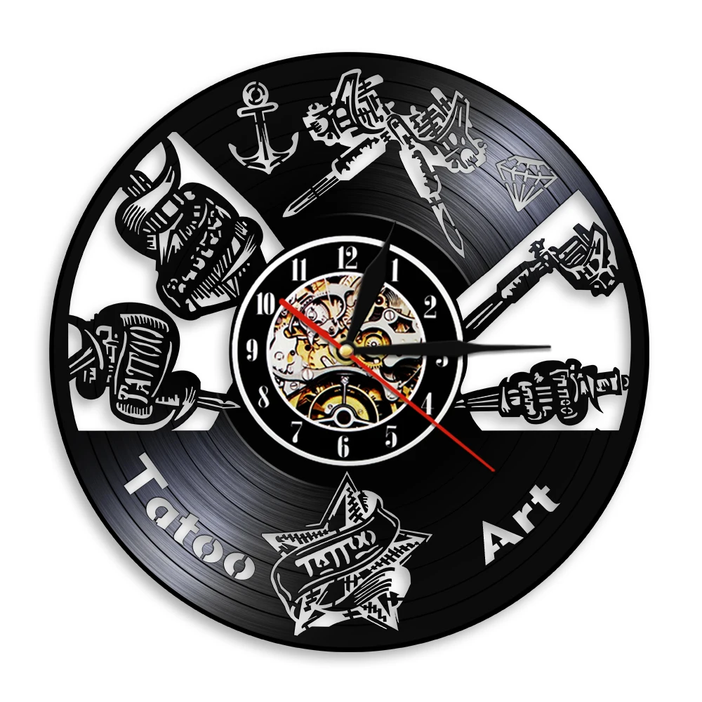 Tattoo-Studio Geschäftsschild Wanduhr Tattoo-Salon Schallplatten-Wanduhr Tattoo-Shop Tattoomaschinen-Deko Hipster Männer Geschenk