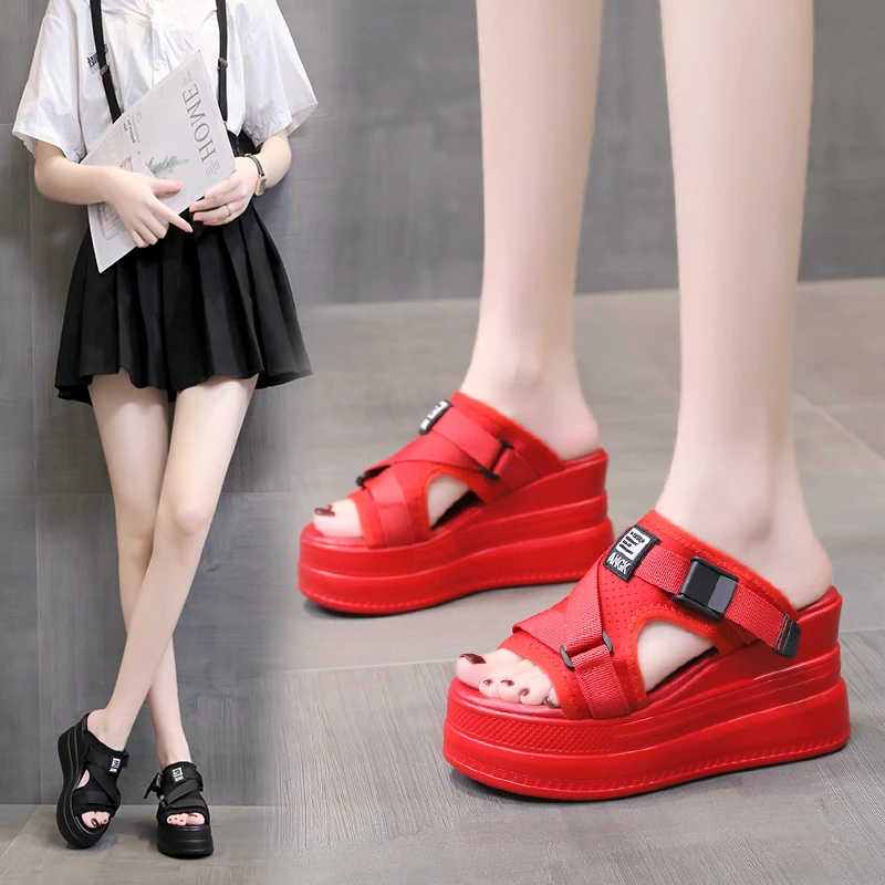 New Summer Buckle Slippers Women's Sandals 2023 Fashion Women 9CM Wedges Platform Shoes Open Toe Woman Flats Beach Flip Flops