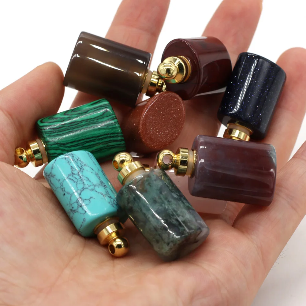 Natural Stone Perfume Bottle Pendant Flat Cylindrical Semi-precious Exquisite Charms For Jewelry Making DIY Necklace Accessory