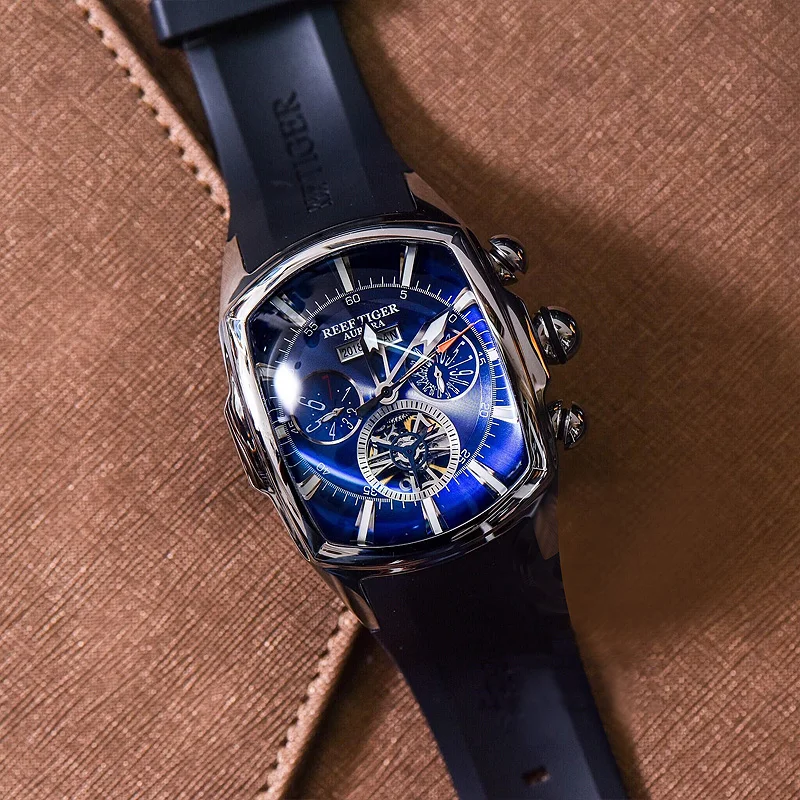 Reef Tiger/RT Designer Sport Watches with Tourbillon Stainless Steel Rubber Strap Blue Dial Automatic Watches RGA3069