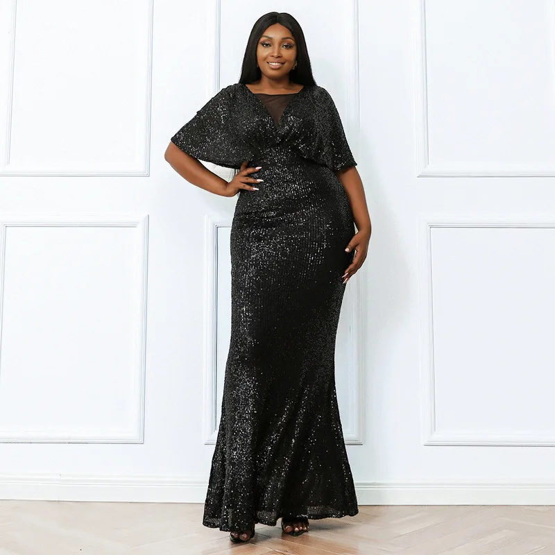 

Plus Size Evening Dresses African Mermaid Half Sleeves Sequins Black Long Turkey Dubai Saudi Evening Gown Prom Dresses