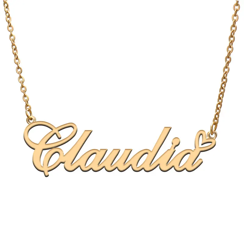 Claudia with Heart Name Necklace for Women Stainless Steel Jewelry Personalized Nameplate Pendant Femme Mother Gift