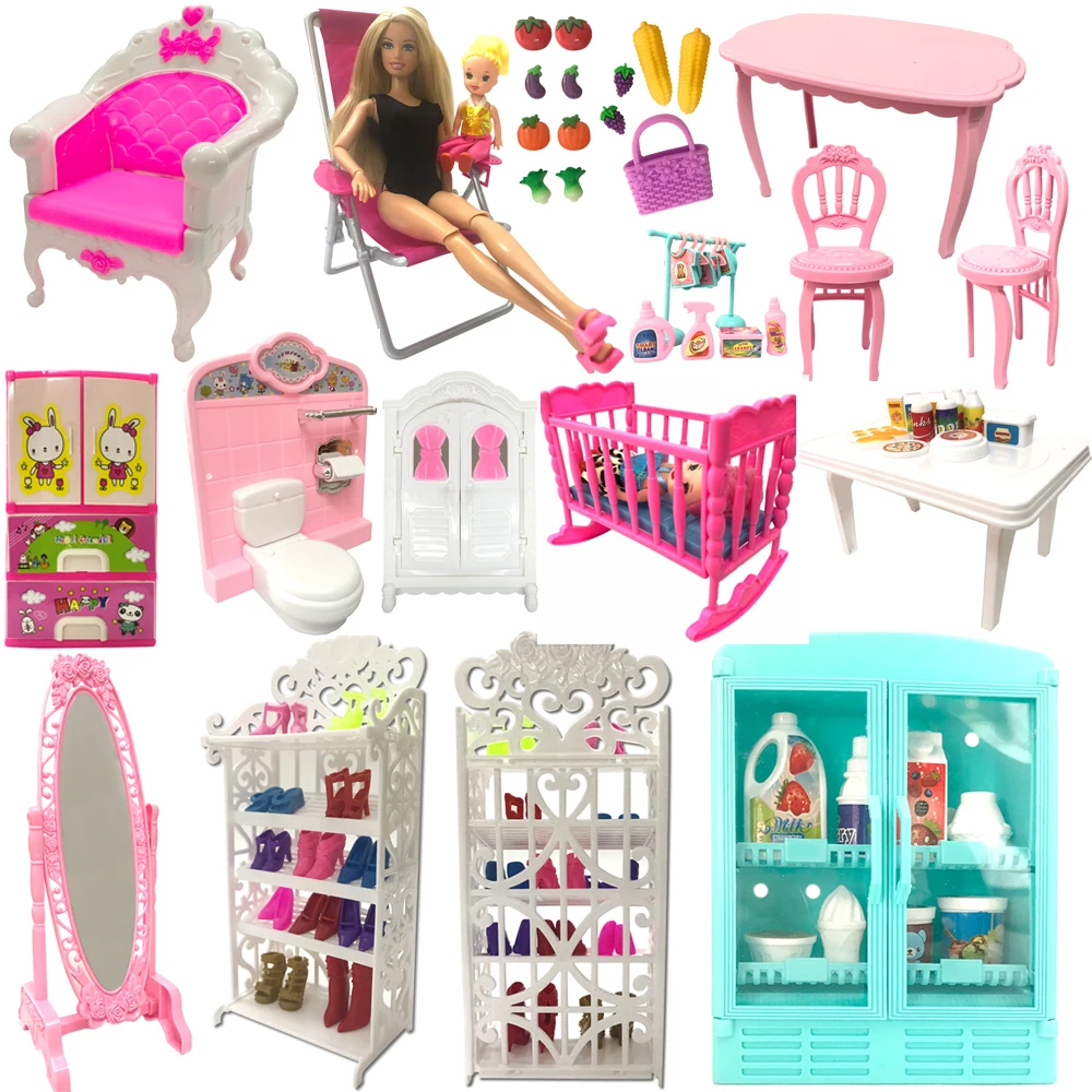 NK Mix Doll Toys Mini Mirror Bed Table Kitchen Fridge For Barbie Doll Accessories For Kelly Tableware Play House Furniture JJ