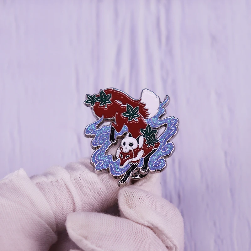 

Red Fox Leaf Enamel Pin Skull Mask Brooch Glitter Badge Fashion Jewelry Accessories