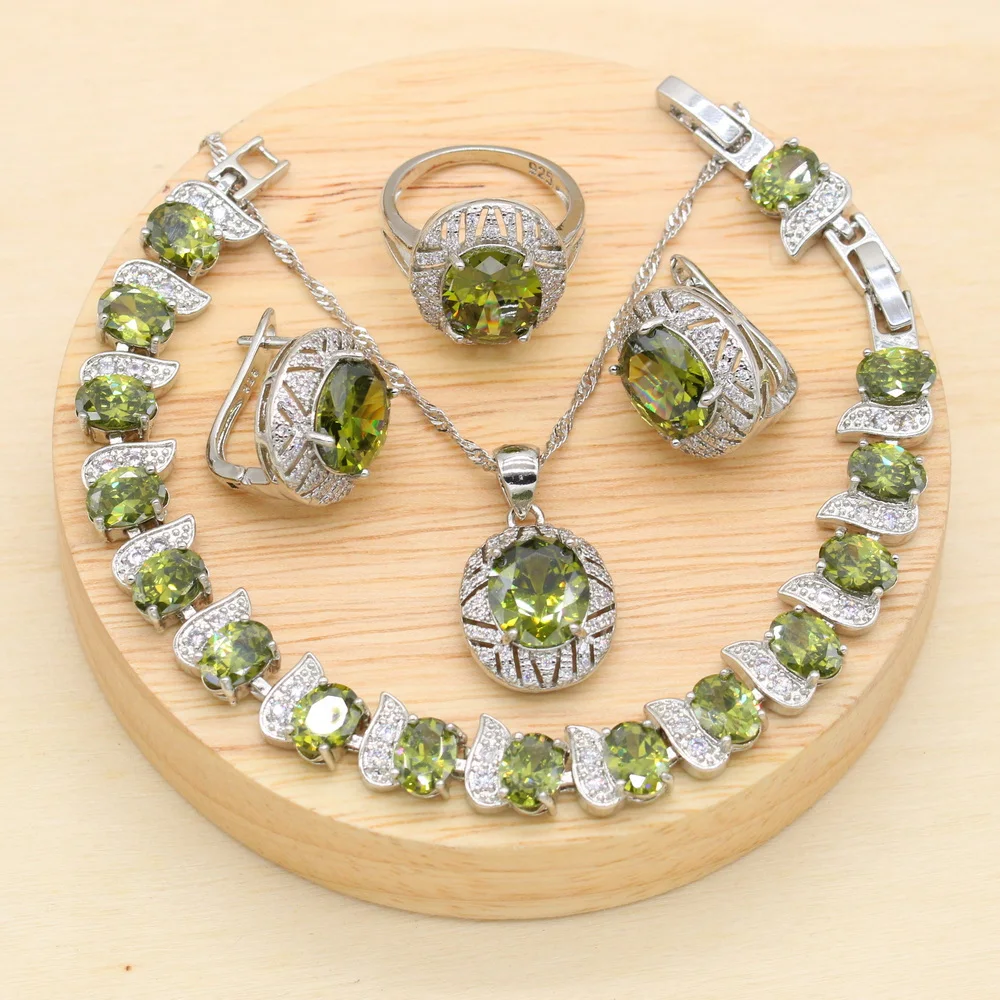 925 Sterling Silver Luxury Popular Olive Green Stones Cubic Zirconia Jewelry Sets For Women Earrings Pendant Necklace Bracelet