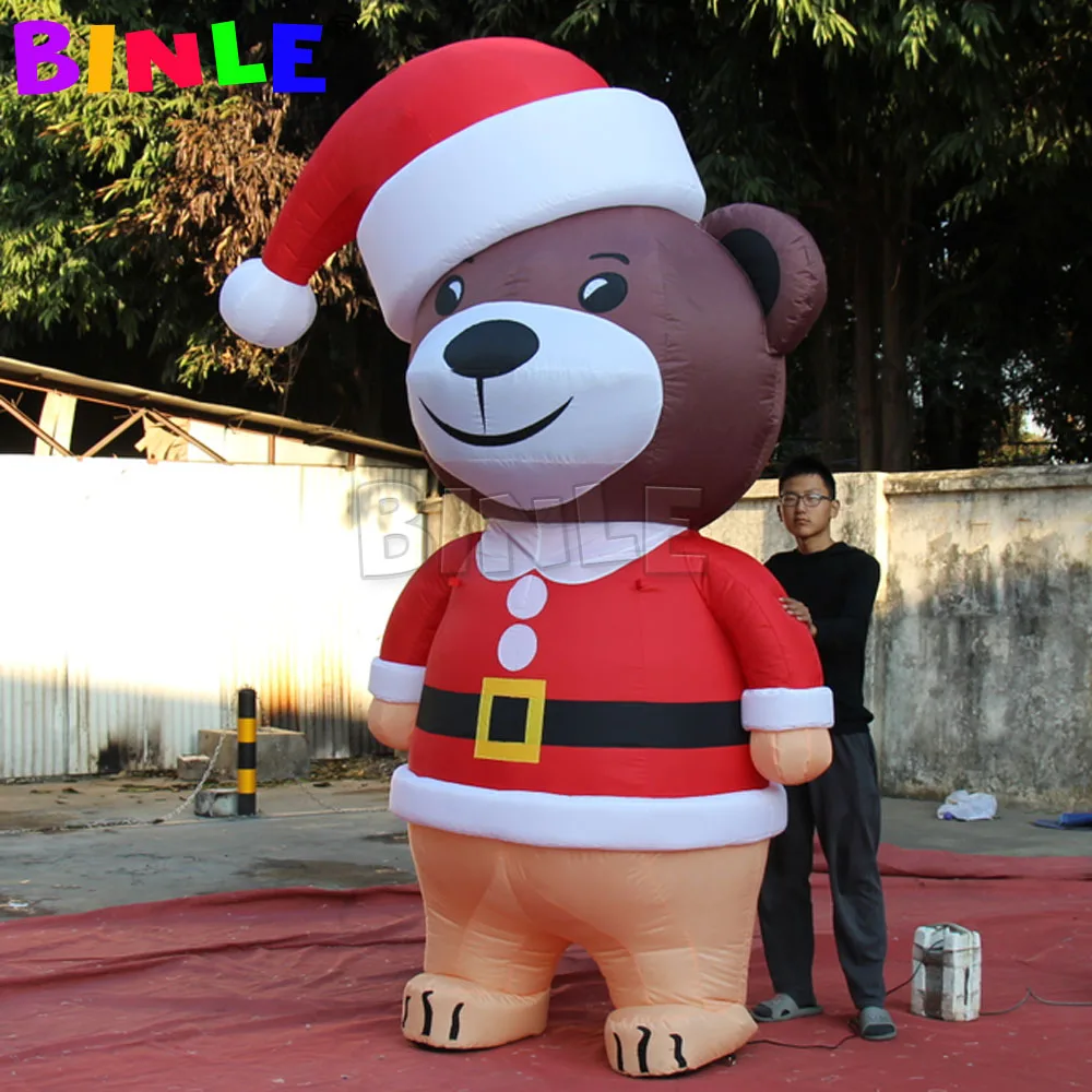 3mH cute giant Christmas brown inflatable teddy bear with red hat for yard decoration