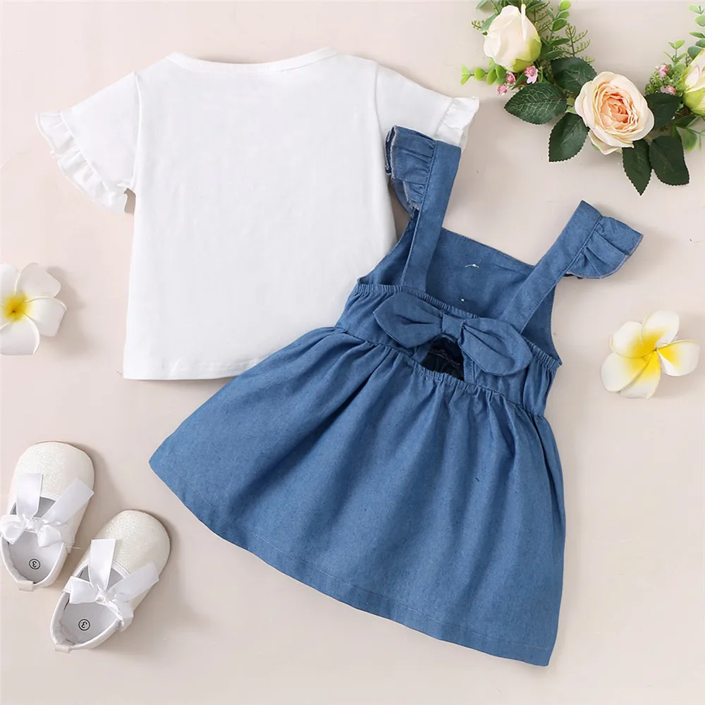 Summer Baby Girl Clothes 6 Months Cotton White Short-sleeved Top+Blue Denim Buckle Strap Skirt Back Hollow Bow Design Baby\'s Set