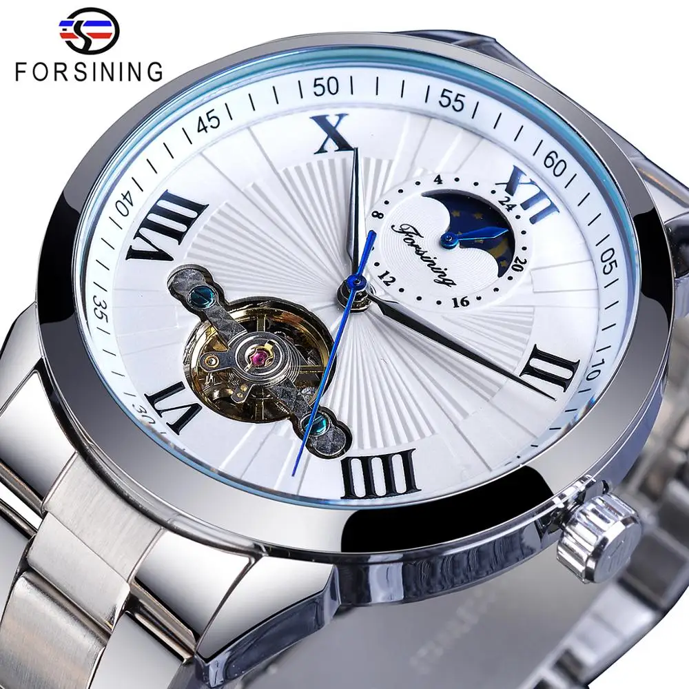 

Forsining Classic Silver Tourbillon Automatic Mechanical Watch Men Roman Numeral Moonphase Clock Male Stainless Steel Wristwatch