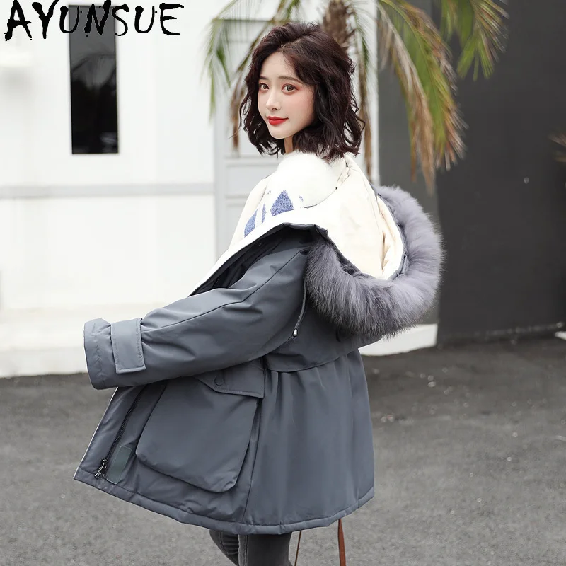 AYUNSUE Women\'s Jacket Winter 2020 Real Raccoon Dog Fur Collar Hooded Jackets Female White Duck Down Coats Long Parkas Casaco