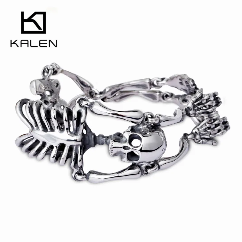Kalen Rock Stainless Steel Skull Body Bracelet For Men Gothic Link Chain Male Biker Jewelry Men\'s Wristband Chunky Bracelet