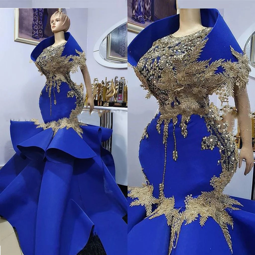 Royal Blue Satin Mermaid Evening Gowns Saudi Arabia Lace Appliques Beads Prom Dresses Aso Ebi Style Formal Party Dress