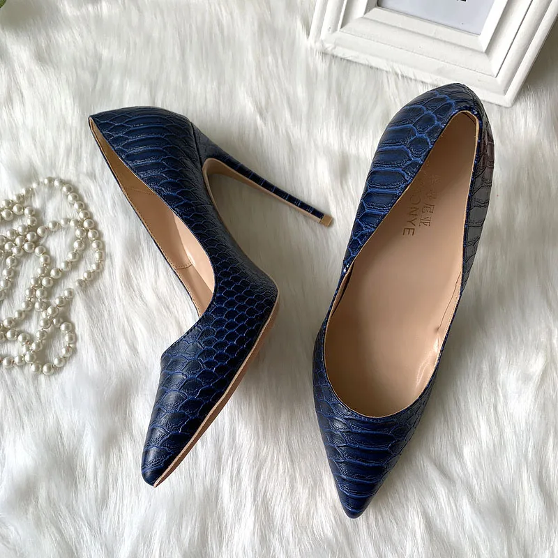 Brand designer navy blue matte python snake pointed toe women lady shoes 12cm 4inches high heel shoes pump on sale