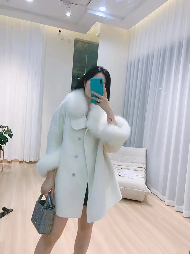 Women Autumn Double Side Woolen Fox Fur Collar and Cuff Decoration Woolen Oversize Loose Girl\'s Woolen Coat