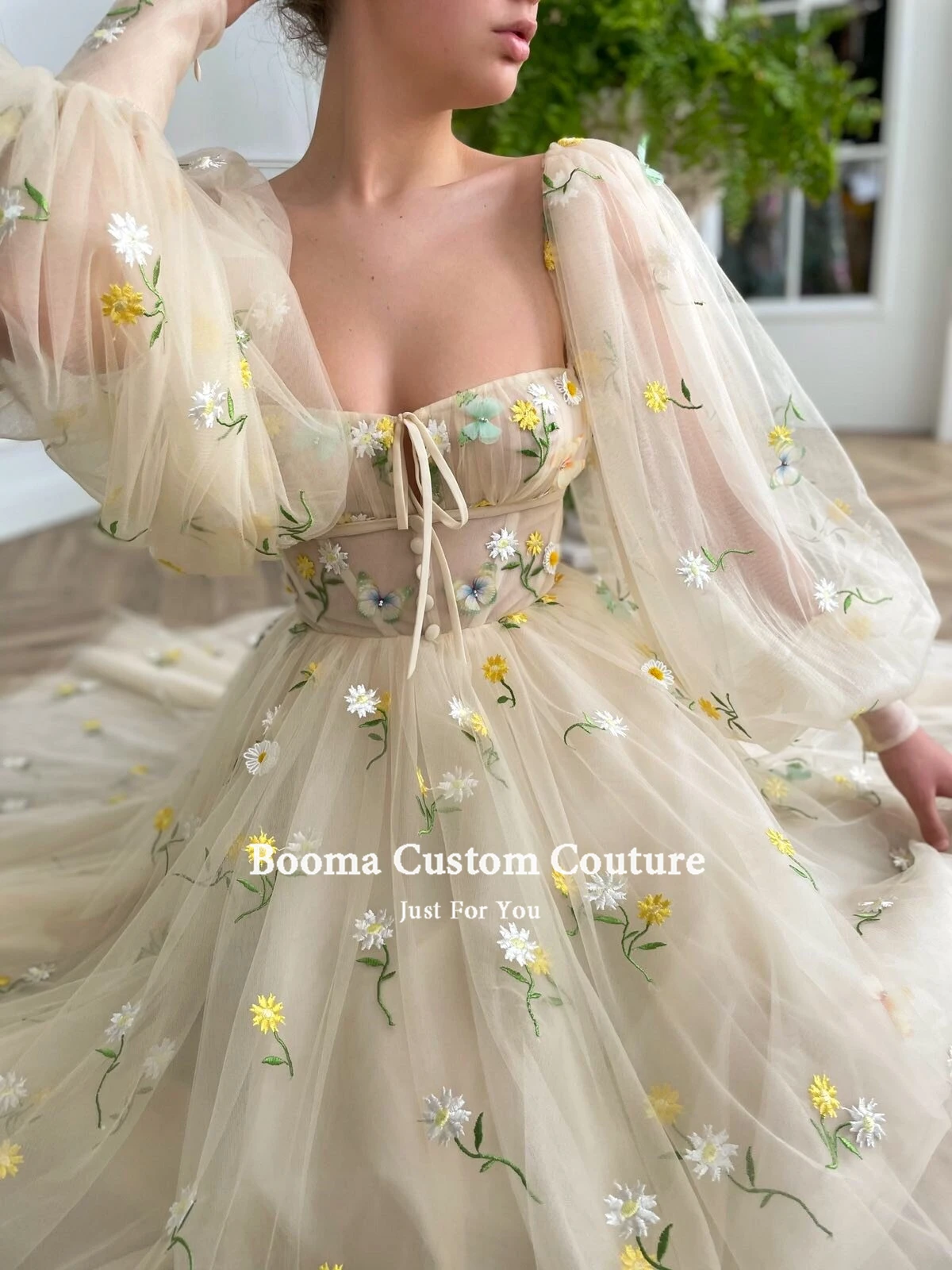 Booma Beige Square Neck Prom Dresses Long Puff Sleeves Embroidery Tulle Prom Gowns A-Line Ankle-Length Wedding Party Dresses