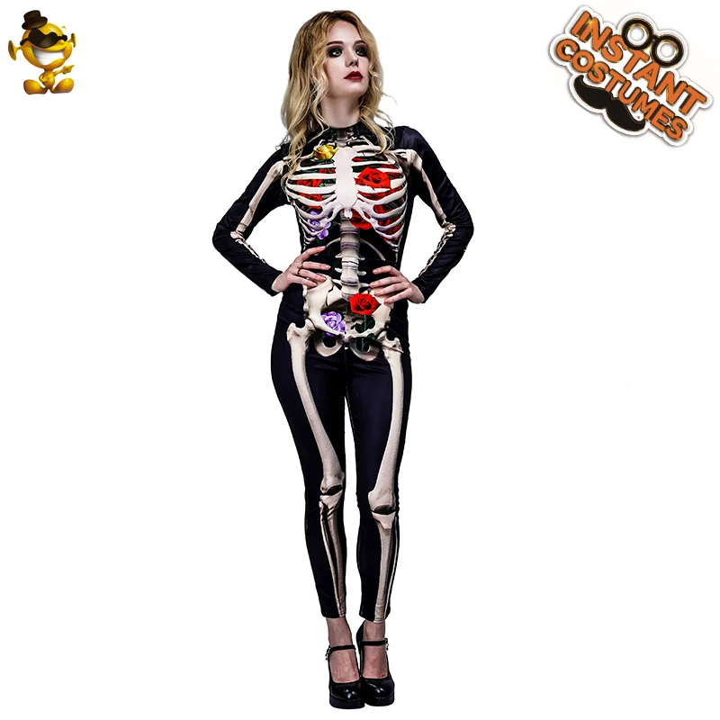 ผู้หญิงน่ากลัว Ghost Rose Skeleton ฮาโลวีนน่ากลัว Cosplay Skeleton ผู้ใหญ่ Purim Costumes