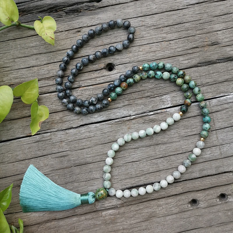 8mm Natural Stone Beads,African Turquoise,lucky Jade,Positive,JapaMala Set,Spiritual Jewelry,Meditation Lotus Mala,108 Mala Bead