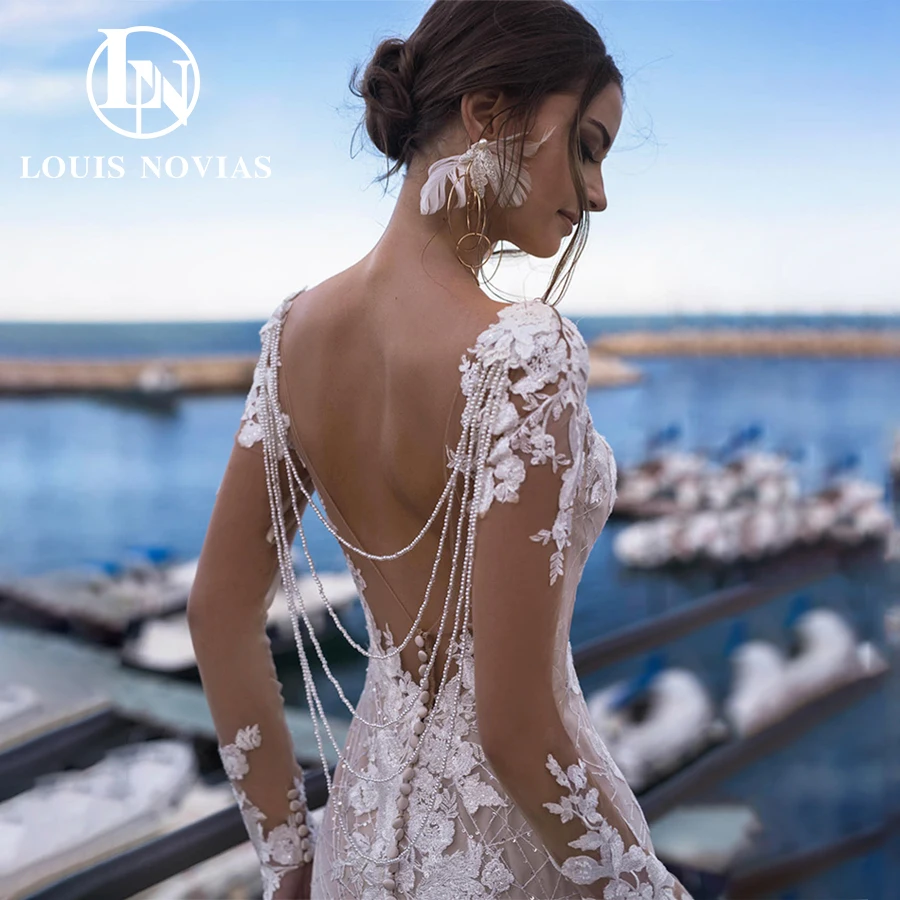 Louis novias sexy sereia vestido de casamento sem costas botão manga longa miçangas apliques querida vestidos de noiva novia