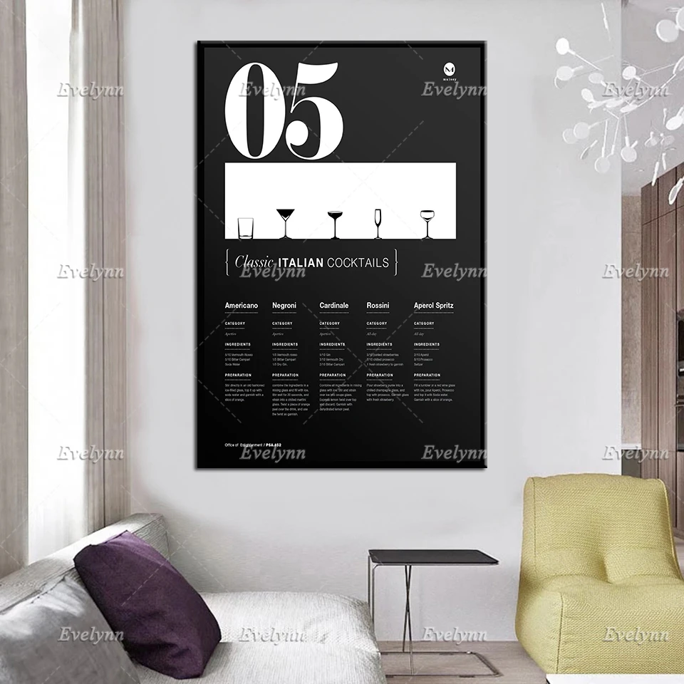 5 Classic Italian Cocktails, Italy, Drinks, Bar Restaurant, Poster, Helvetica, Quote, Black And White,  Home Decor Print Canvas