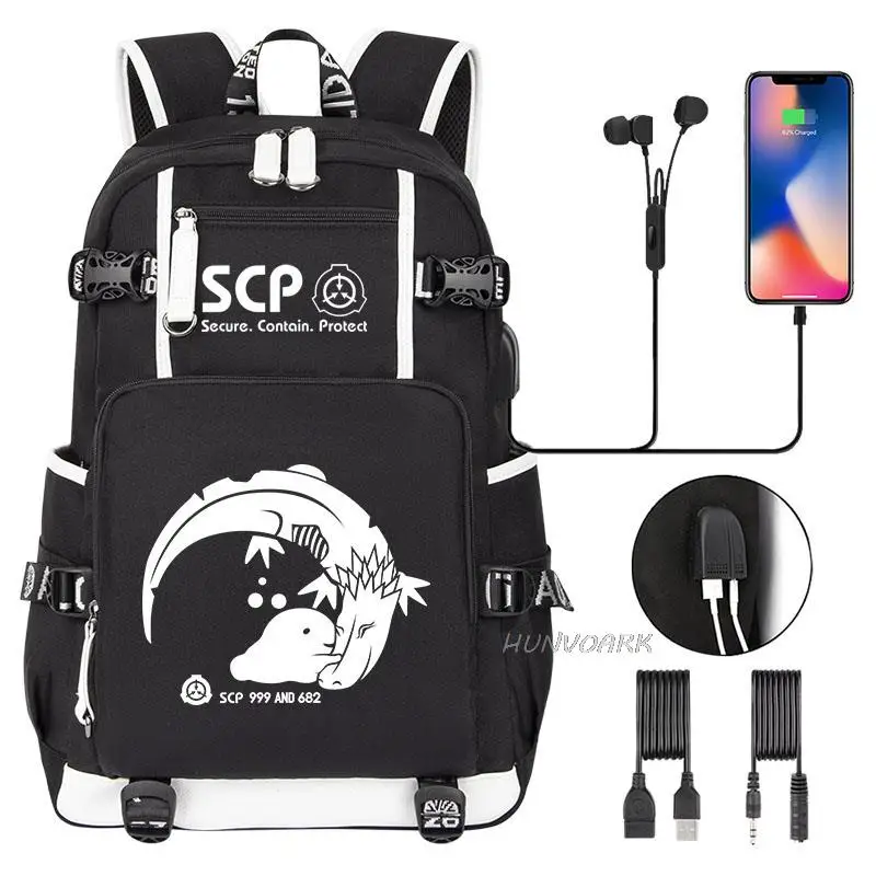 SCP Foundation Backpack Black Bookbag Cartoon School Bags for Teenage Kids SCP Travel Bagpack USB Laptop Shoulder Bags