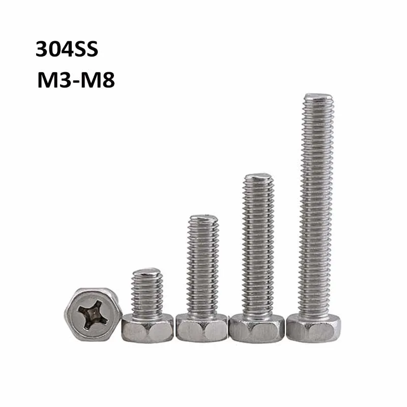 304 Stainless Steel Phillips Hex Head Screws Cross Head Hexagon Bolts M3 M4 M5 M6 M8