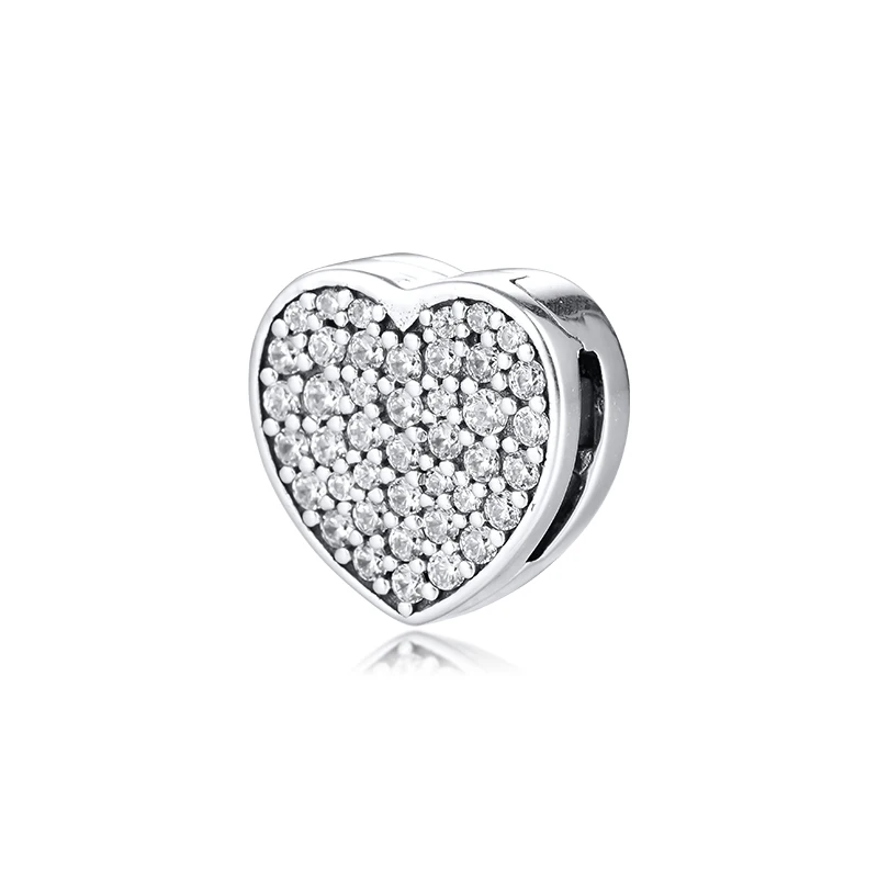 Sterling Silver Jewelry Pave Heart Clip Charm Fits Snake Chain Bracelets For Woman Fashion Beads For Jewelry Making