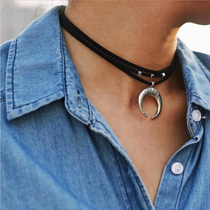 Choker Layers Necklace Black Pu Belt with Moon Oxford Fish Tail Pendant Bead Charm  Square Cube Extended Metal Chain