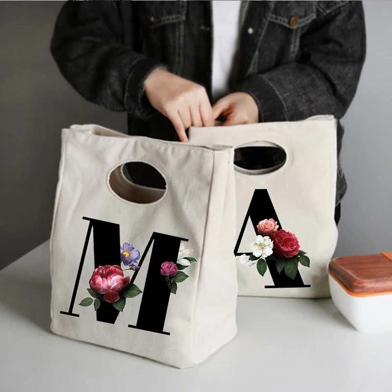 Initial Letter Print Cooler Lunch Bag Travel Picnic Food Storage Pouch Thermal Insulated Bento Box Organizer Tote for Kids Women