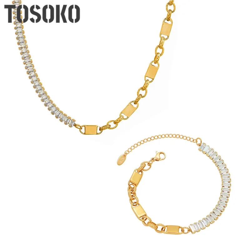 

TOSOKO Stainless Steel Jewelry Zircon Splicing Chain Bracelet Necklace Set BSP148-E049