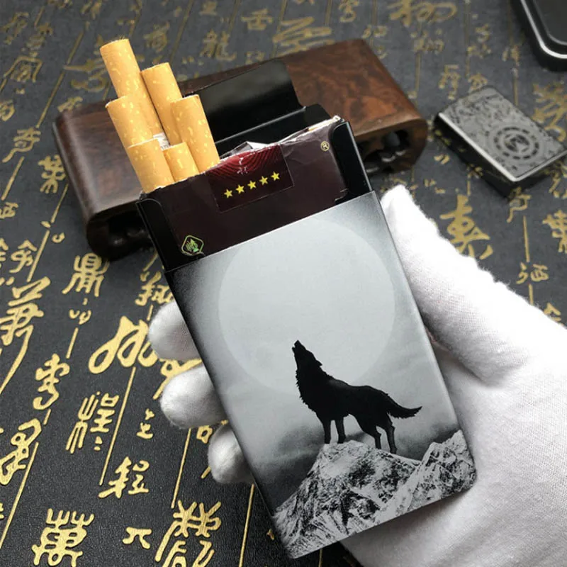 Hold One Pack 20 Personalized Cigarette Case Alloy Wolf Totem Cigarette Case Slide Cigarette Boxes Laser Carved Not Fade Boxes