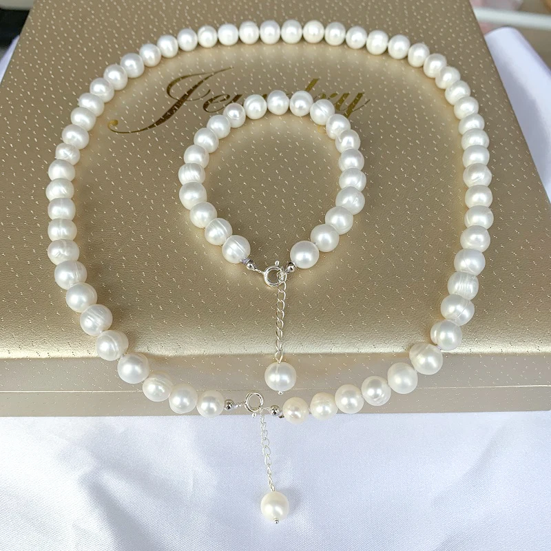 ZHRUKAN 9-10mm Natural Freshwater Pearl Jewelry Set Real 925 Sterling Silver Necklace Bracelet For Women Fashion Gift