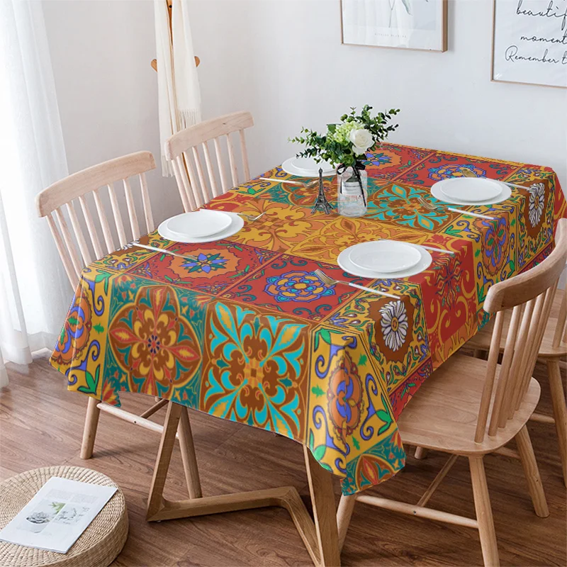 Retro Tile Pattern Image Table Cloth Waterproof Dining Tablecloth for Table Kitchen Decorative Coffee Cuisine Party Table Cover