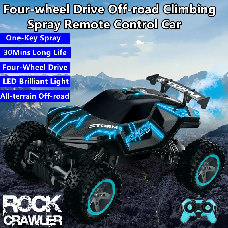 1:16 One-key Spray All-terrain Off-road Remote Control Car 30Mins 4WD LED Cool Light Independent Suspension Shock RC Car Kid Toy