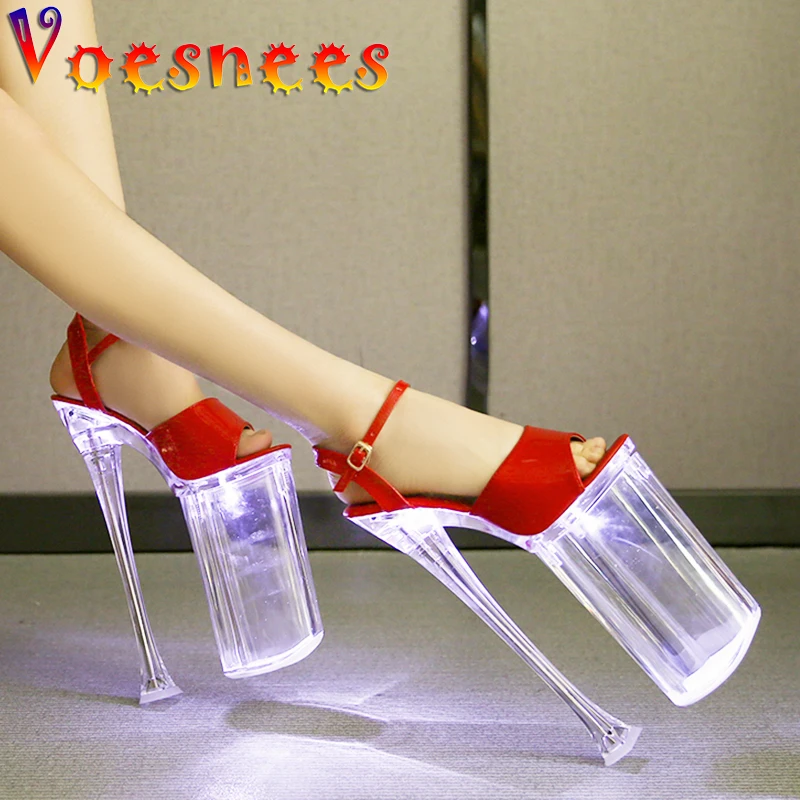 New Clear Super High Heels 26cm Glow LED Shine Shoes Thick Bottomed Sandals Women Summer Platform Stiletto Show Pole Dance Shoes