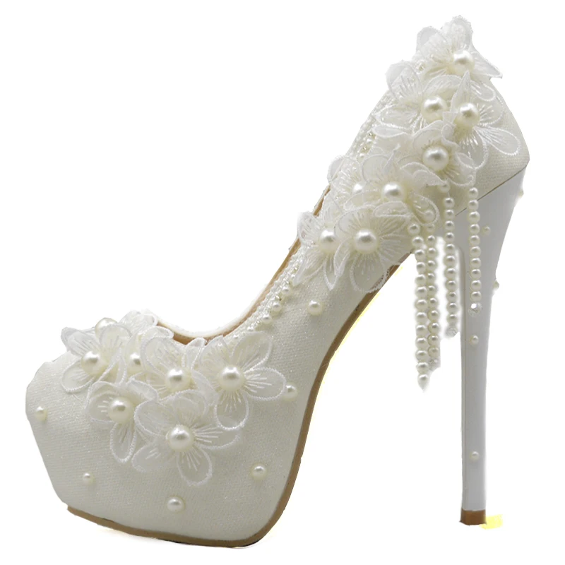 CACARE Luxury Wedding Shoes Pearl Lace Platform High Heels Bridal Party Shoes Cinderella Pumps Supplies Decoration F2966