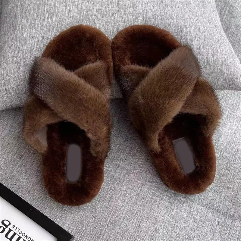 2024 Fur Slides 100% Mink Slippers Luxury Ladies Mink House Slippers Summer Shoes For Women\'s Sandals