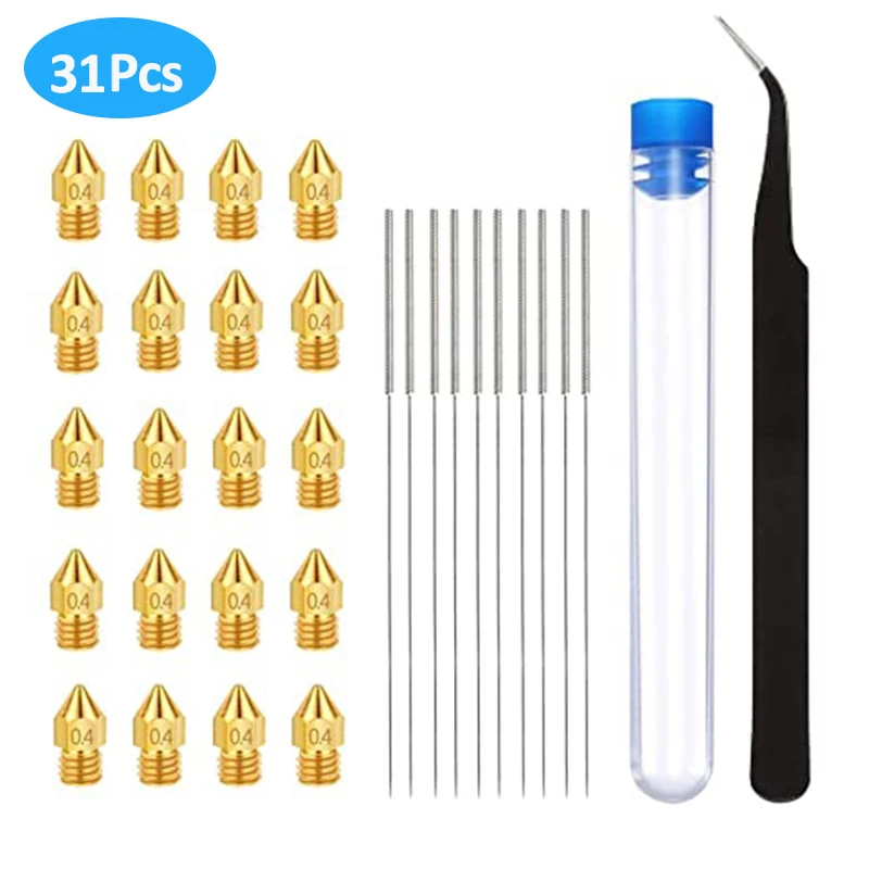 

MK8 Nozzle Pack 20Pcs Extruder Nozzles + 10Pcs Cleaning Needles + 1Pcs Tweezers for Makerbot Anet A8 Creality 3D Printer Nozzle