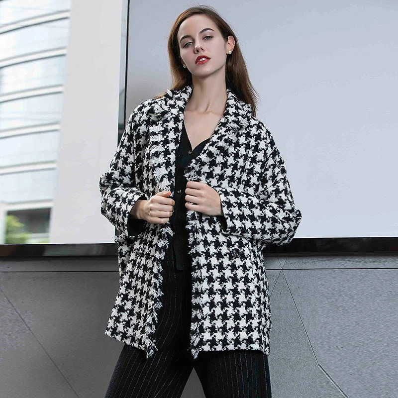 

Quality High Luxury Womens Blazer Coat Fashion Plaid Double Breasted Outerwear Female Elegant Slim Fit Long Suit Jacket